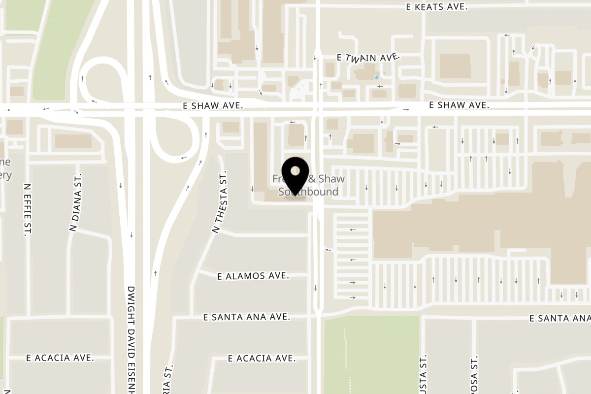 Map showing the location of You Me Sushi All You Can Eat on 389 E Shaw Ave in Fresno